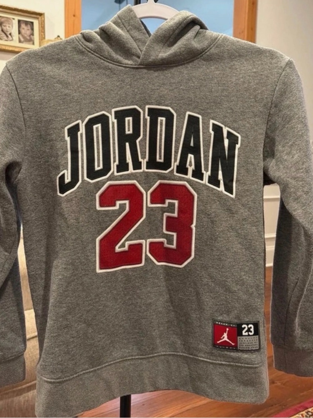 Jordan Men's Gray Crewneck Hoodie with Red 23 and Black Lettering